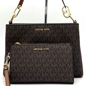 Michael Kors Trisha MD Triple Compartment Bag & Double Zip Wallet Set Brown